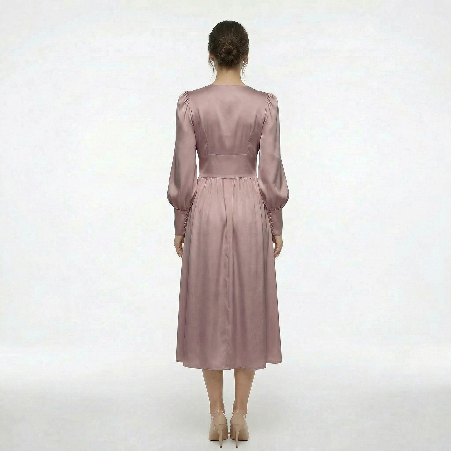 Élodie | Women’s Satin Puff-Sleeve Midi Dress with Buttons