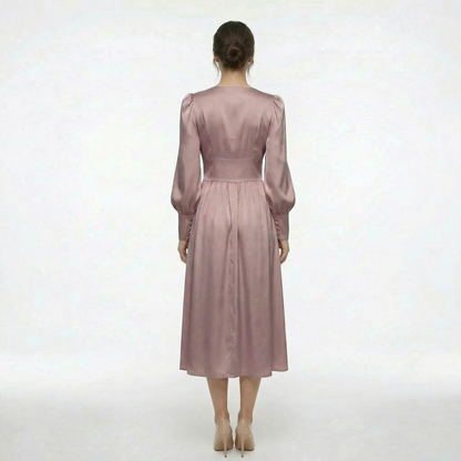 Élodie | Women’s Satin Puff-Sleeve Midi Dress with Buttons