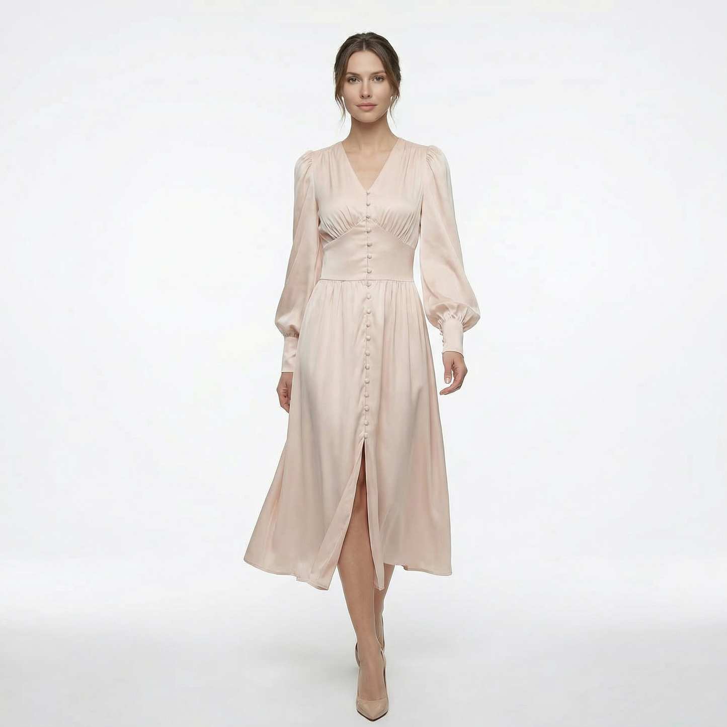 Élodie | Women’s Satin Puff-Sleeve Midi Dress with Buttons