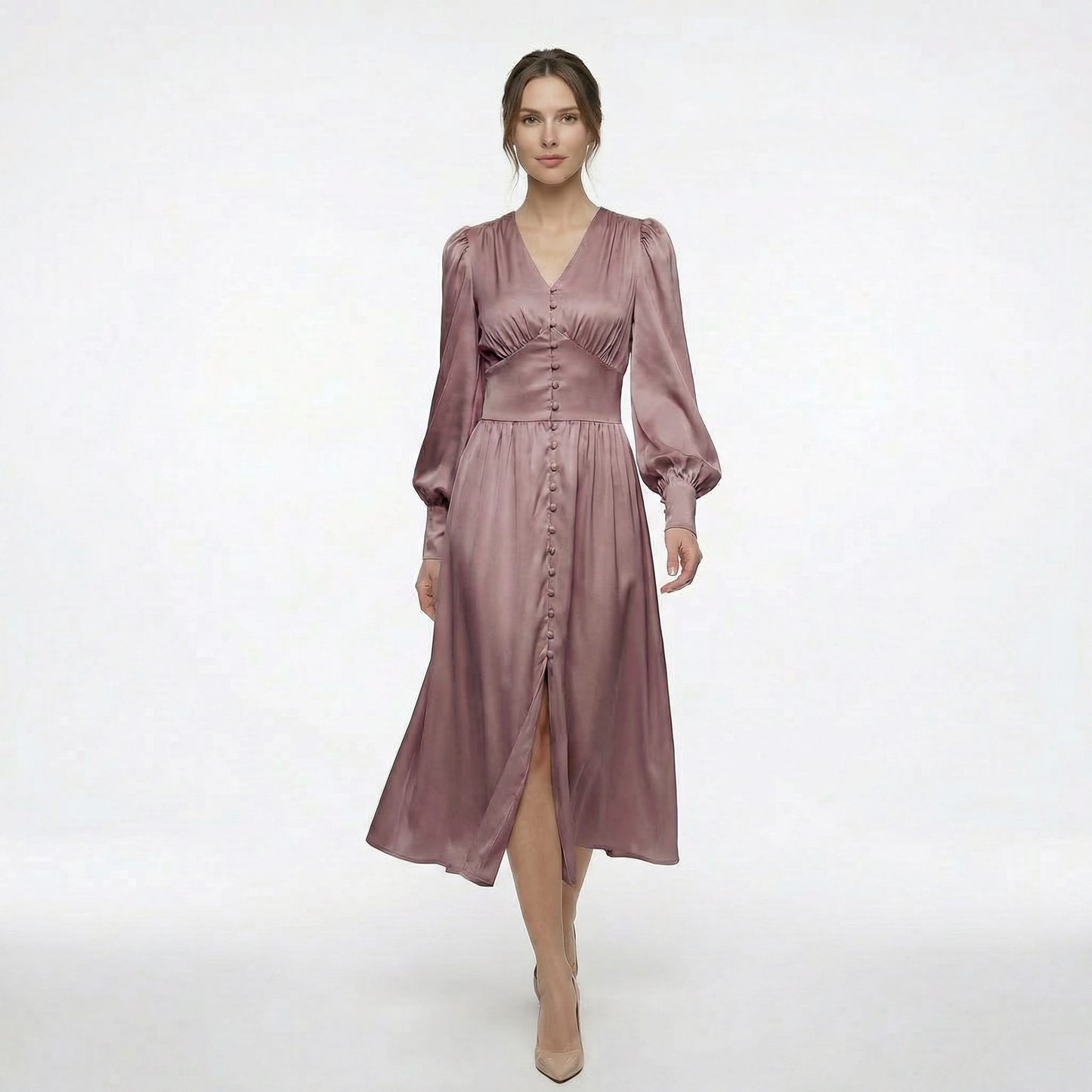 Élodie | Women’s Satin Puff-Sleeve Midi Dress with Buttons
