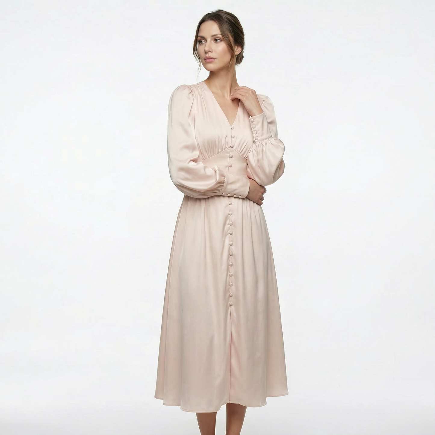 Élodie | Women’s Satin Puff-Sleeve Midi Dress with Buttons