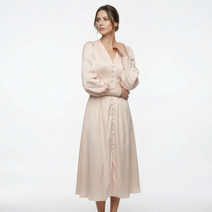 Élodie | Women’s Satin Puff-Sleeve Midi Dress with Buttons