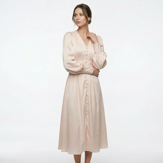 Élodie | Women’s Satin Puff-Sleeve Midi Dress with Buttons