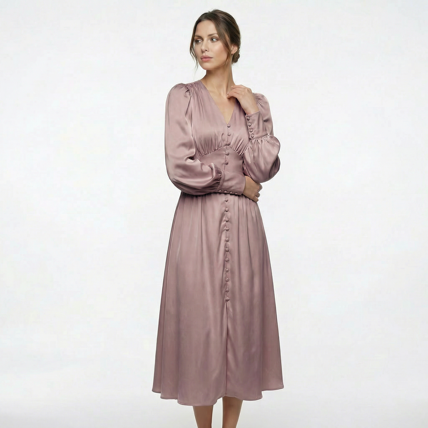 Élodie | Women’s Satin Puff-Sleeve Midi Dress with Buttons