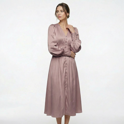 Élodie | Women’s Satin Puff-Sleeve Midi Dress with Buttons
