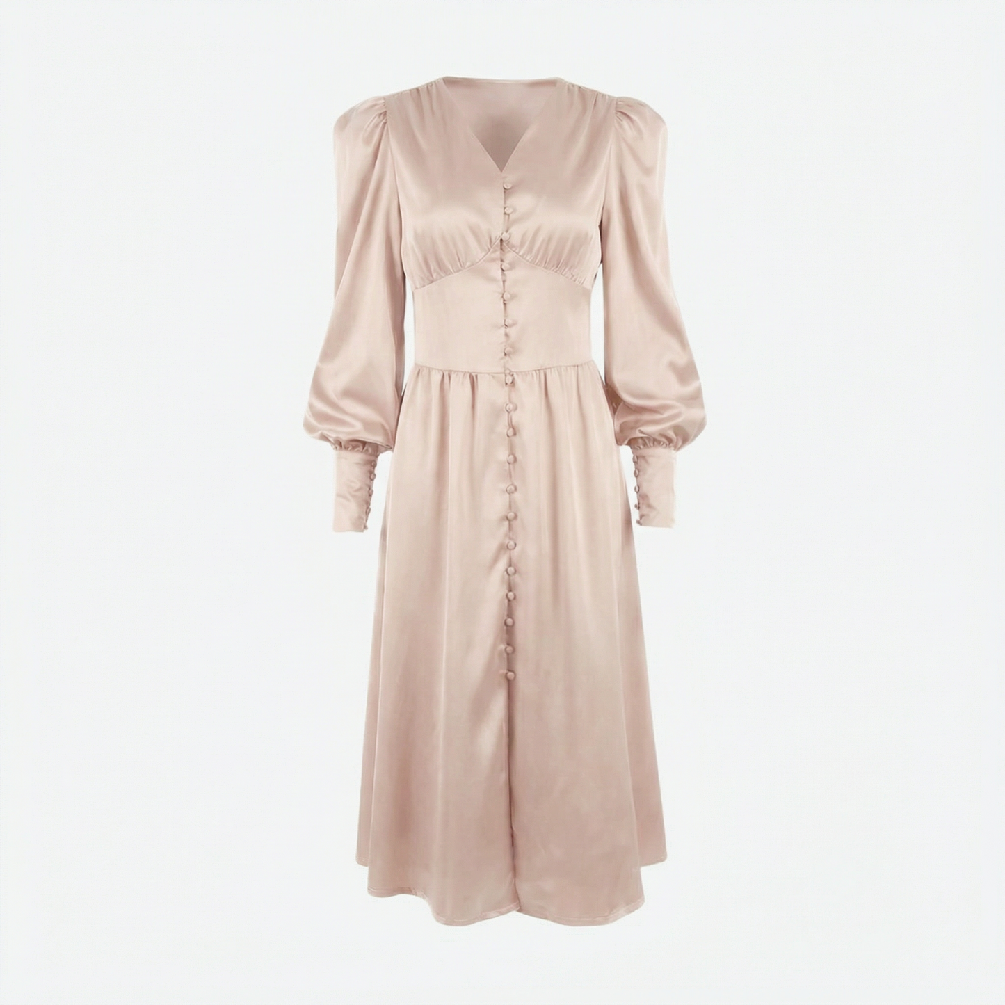 Élodie | Women’s Satin Puff-Sleeve Midi Dress with Buttons
