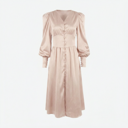 Élodie | Women’s Satin Puff-Sleeve Midi Dress with Buttons