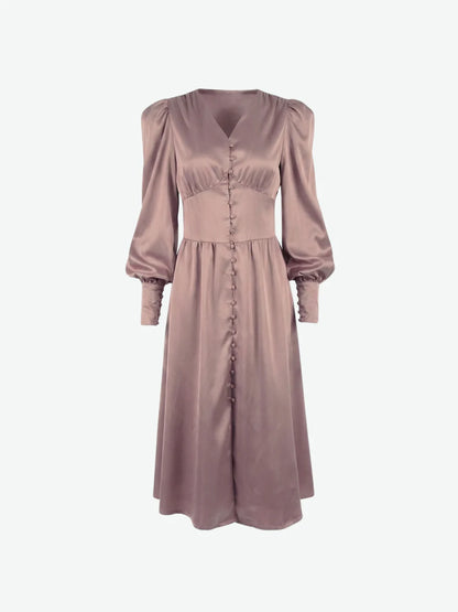 Élodie | Women’s Satin Puff-Sleeve Midi Dress with Buttons