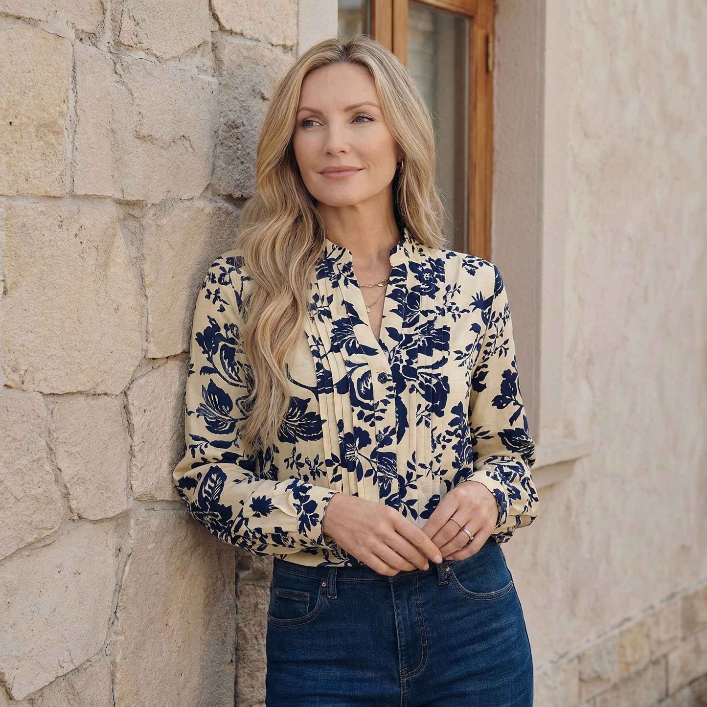 Élodie | Women’s Long-Sleeve Floral V-Neck Blouse Lantern-Sleeve
