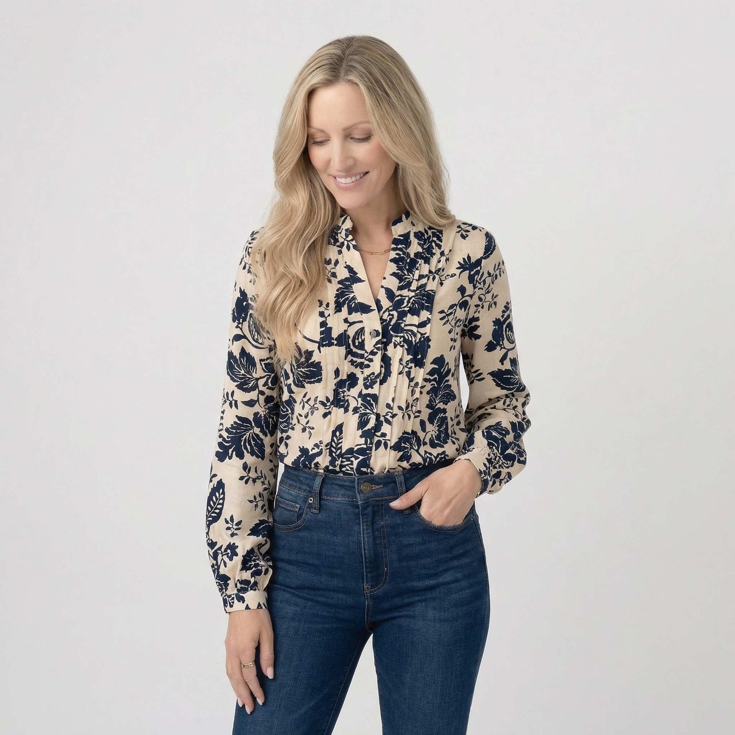 Élodie | Women’s Long-Sleeve Floral V-Neck Blouse Lantern-Sleeve