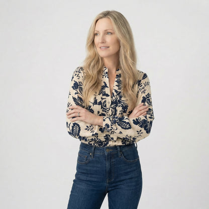 Élodie | Women’s Long-Sleeve Floral V-Neck Blouse Lantern-Sleeve