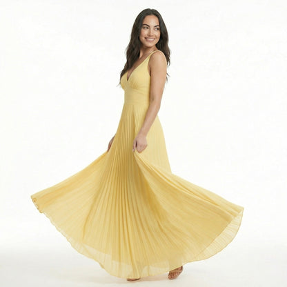 Élodie | Women’s Satin Sleeveless Pleated Maxi Dress