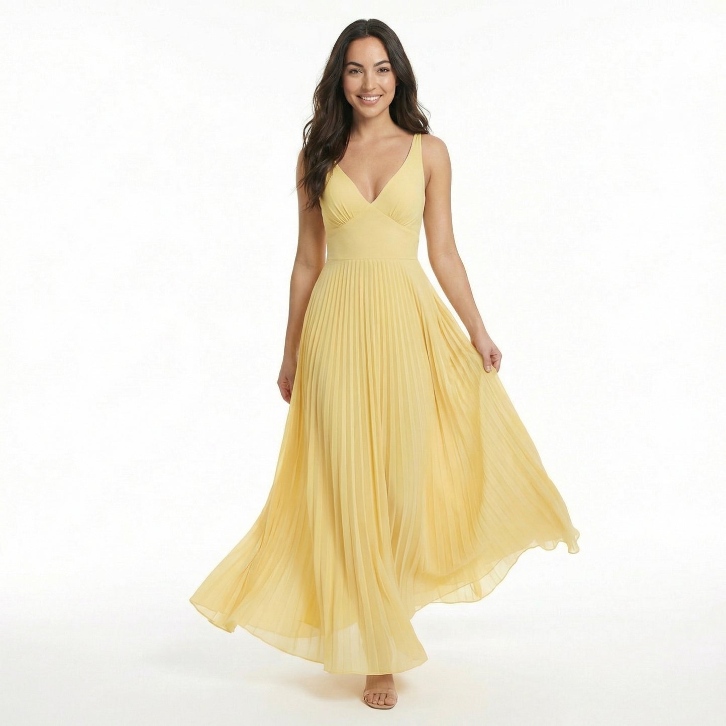 Élodie | Women’s Satin Sleeveless Pleated Maxi Dress
