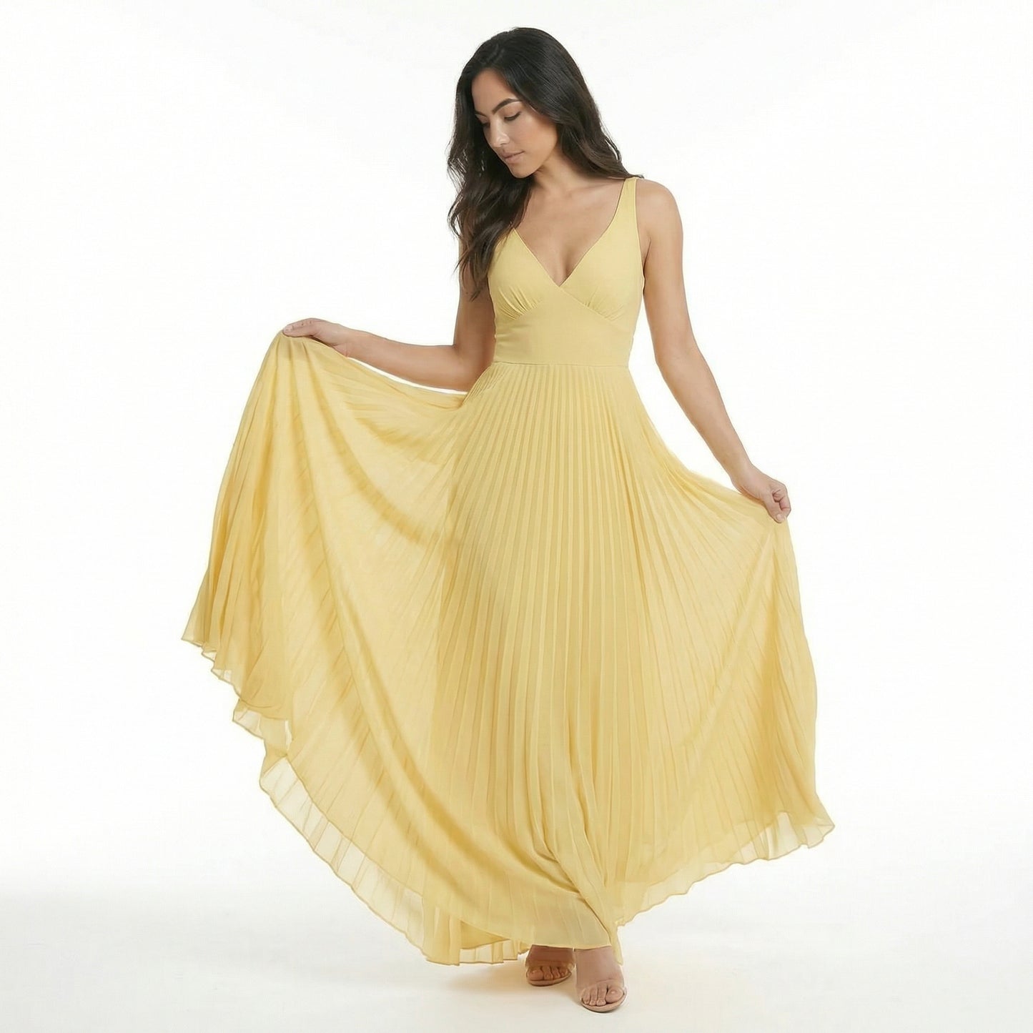Élodie | Women’s Satin Sleeveless Pleated Maxi Dress