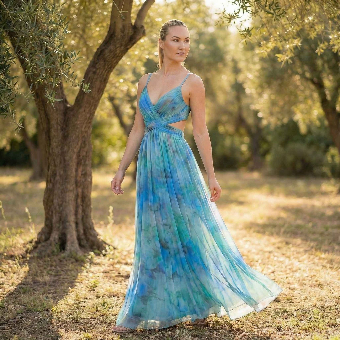 Émeline | Women’s Polyester Floral Maxi Dress V-Neck Tie-Back