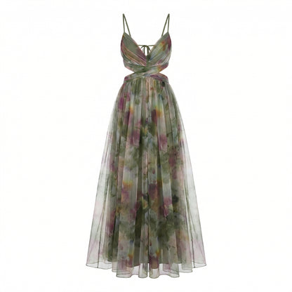 Émeline | Women’s Polyester Floral Maxi Dress V-Neck Tie-Back