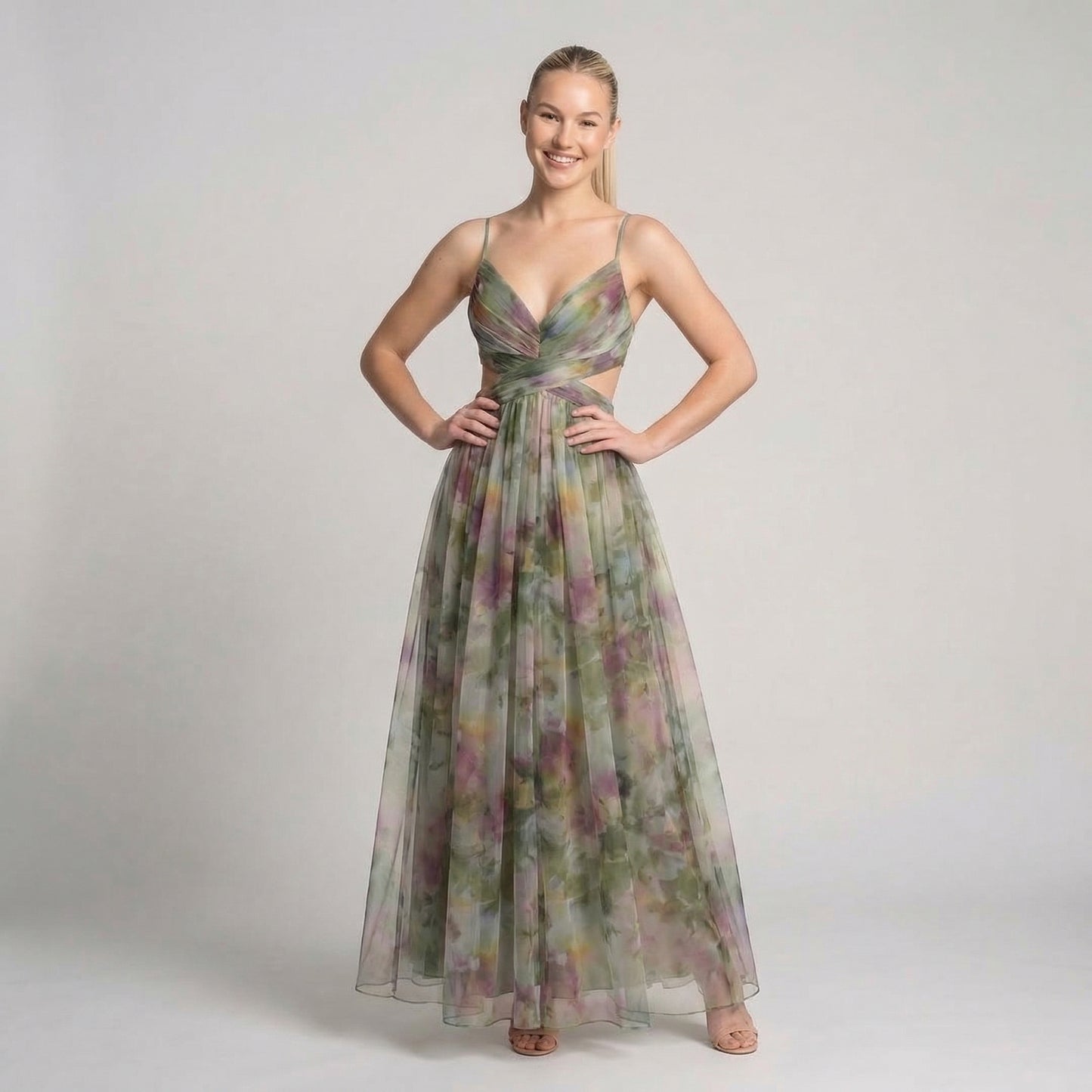 Émeline | Women’s Polyester Floral Maxi Dress V-Neck Tie-Back