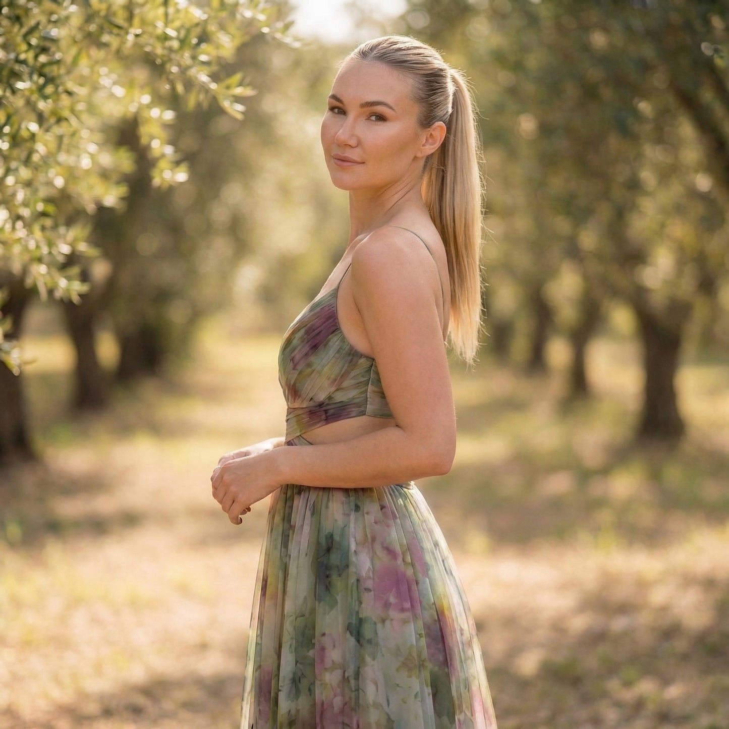 Émeline | Women’s Polyester Floral Maxi Dress V-Neck Tie-Back
