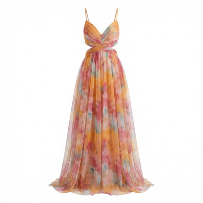 Émeline | Women’s Polyester Floral Maxi Dress V-Neck Tie-Back