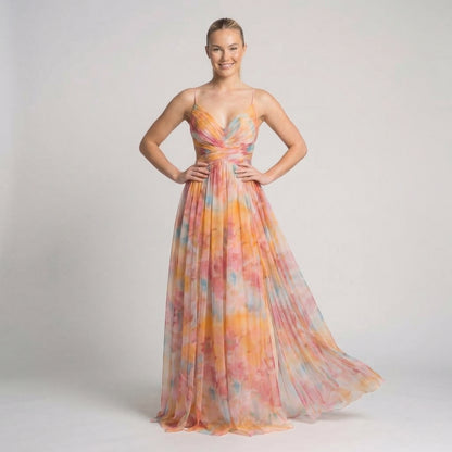 Émeline | Women’s Polyester Floral Maxi Dress V-Neck Tie-Back