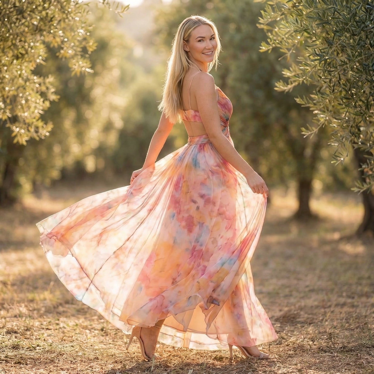 Émeline | Women’s Polyester Floral Maxi Dress V-Neck Tie-Back