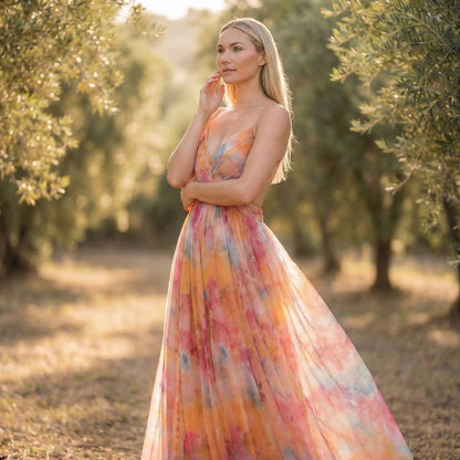 Émeline | Women’s Polyester Floral Maxi Dress V-Neck Tie-Back