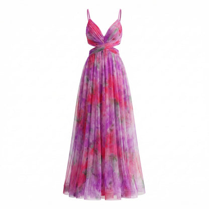 Émeline | Women’s Polyester Floral Maxi Dress V-Neck Tie-Back