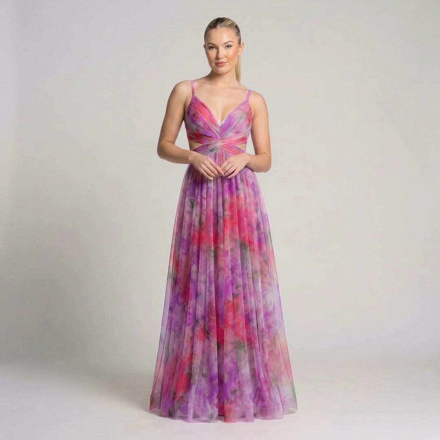 Émeline | Women’s Polyester Floral Maxi Dress V-Neck Tie-Back