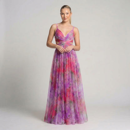 Émeline | Women’s Polyester Floral Maxi Dress V-Neck Tie-Back
