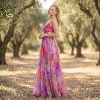 Émeline | Women’s Polyester Floral Maxi Dress V-Neck Tie-Back