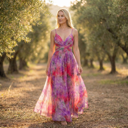 Émeline | Women’s Polyester Floral Maxi Dress V-Neck Tie-Back