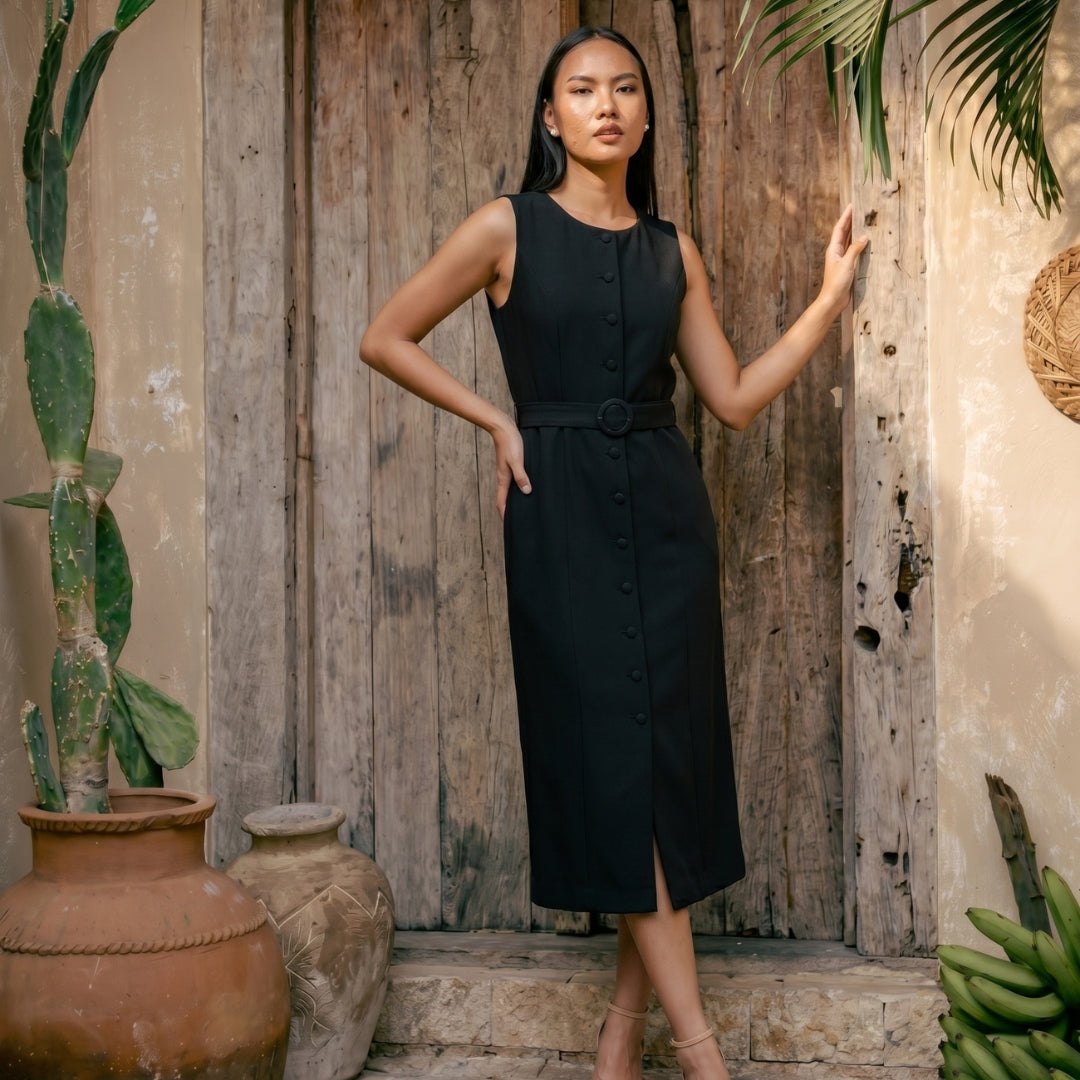 Émilie Women’s Sleeveless Belted Button Midi Dress
