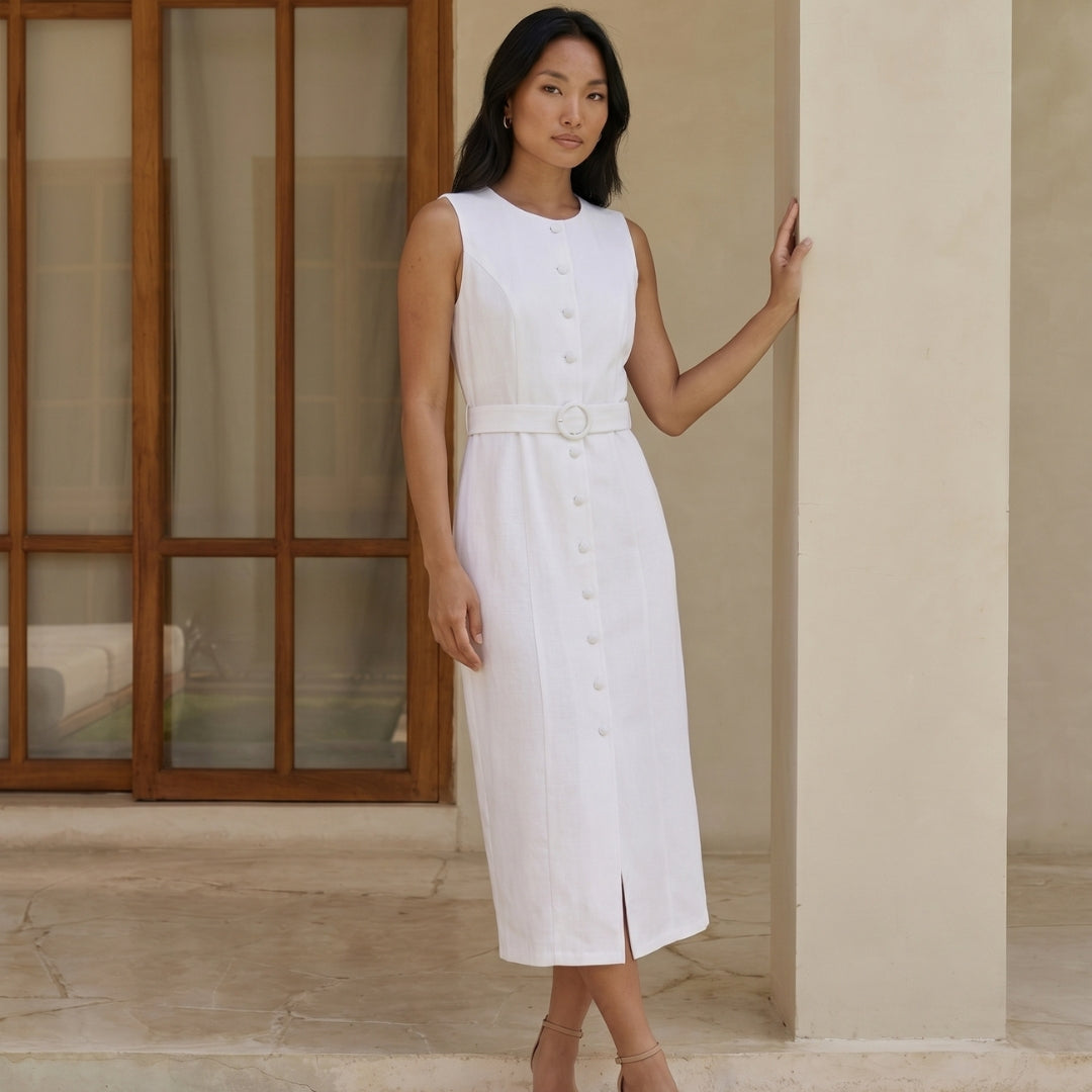 Émilie Women’s Sleeveless Belted Button Midi Dress
