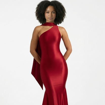 Estelle | Women’s Stretch Jersey One-Shoulder Midi Dress with Scarf