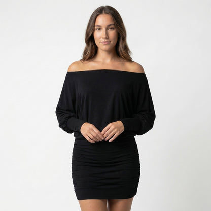 Evelyn Women’s Polyester Long-Sleeve Off-Shoulder Mini Dress Ruched