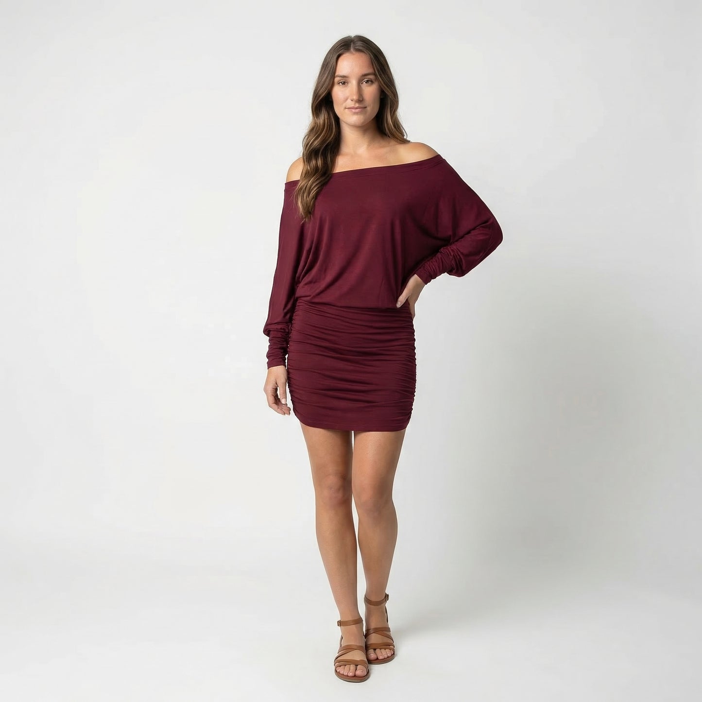 Evelyn Women’s Polyester Long-Sleeve Off-Shoulder Mini Dress Ruched