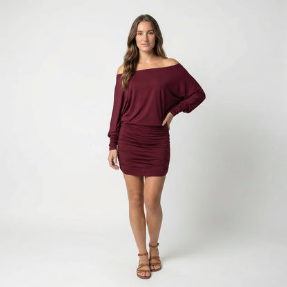 Evelyn Women’s Polyester Long-Sleeve Off-Shoulder Mini Dress Ruched