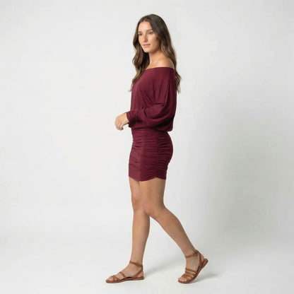 Evelyn Women’s Polyester Long-Sleeve Off-Shoulder Mini Dress Ruched