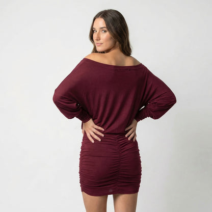 Evelyn Women’s Polyester Long-Sleeve Off-Shoulder Mini Dress Ruched