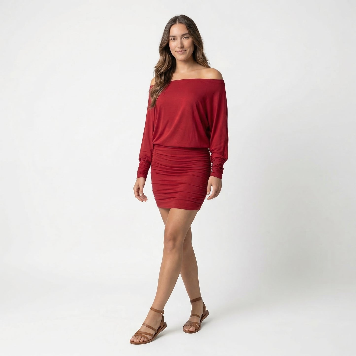 Evelyn Women’s Polyester Long-Sleeve Off-Shoulder Mini Dress Ruched