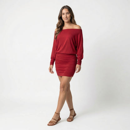 Evelyn Women’s Polyester Long-Sleeve Off-Shoulder Mini Dress Ruched