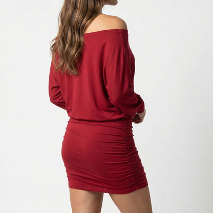 Evelyn Women’s Polyester Long-Sleeve Off-Shoulder Mini Dress Ruched