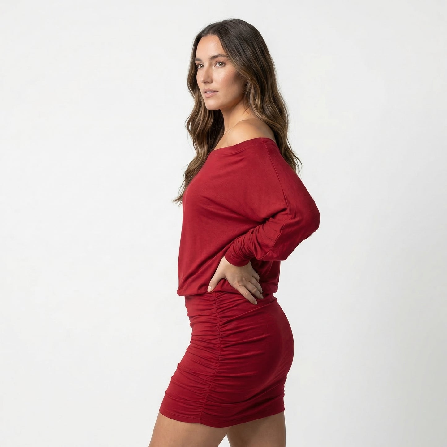 Evelyn Women’s Polyester Long-Sleeve Off-Shoulder Mini Dress Ruched