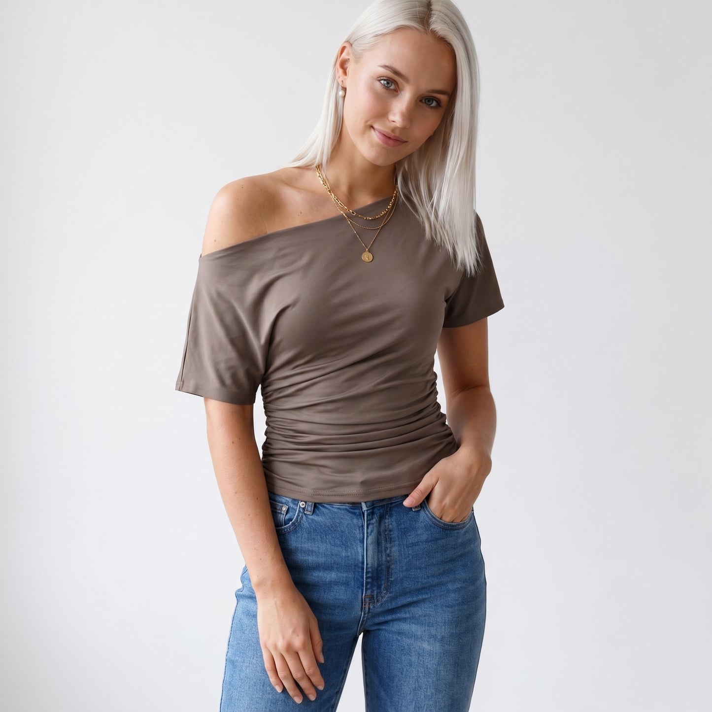 Faye Women's Top Off-Shoulder Ruched Slim, Short Sleeve
