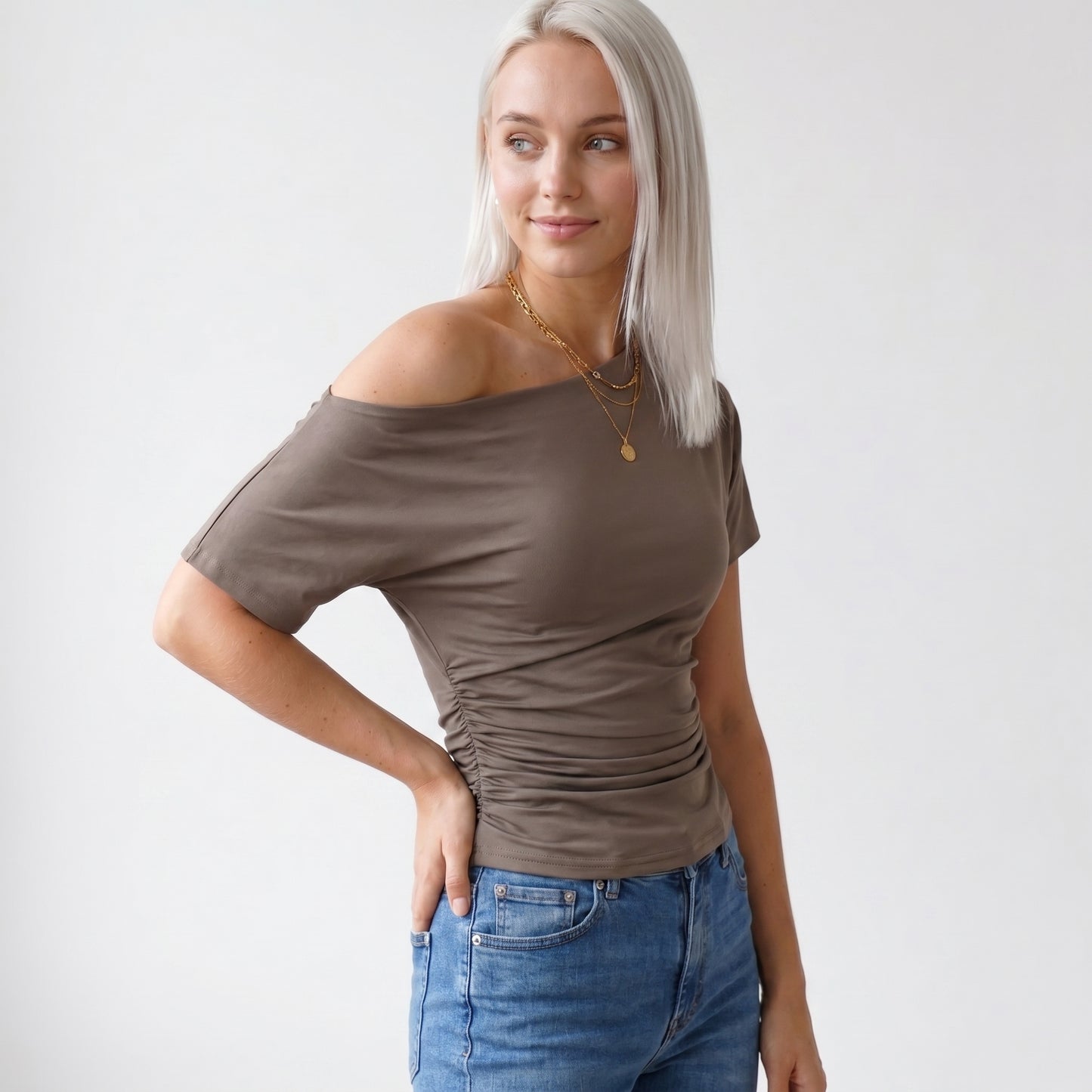 Faye Women's Top Off-Shoulder Ruched Slim, Short Sleeve