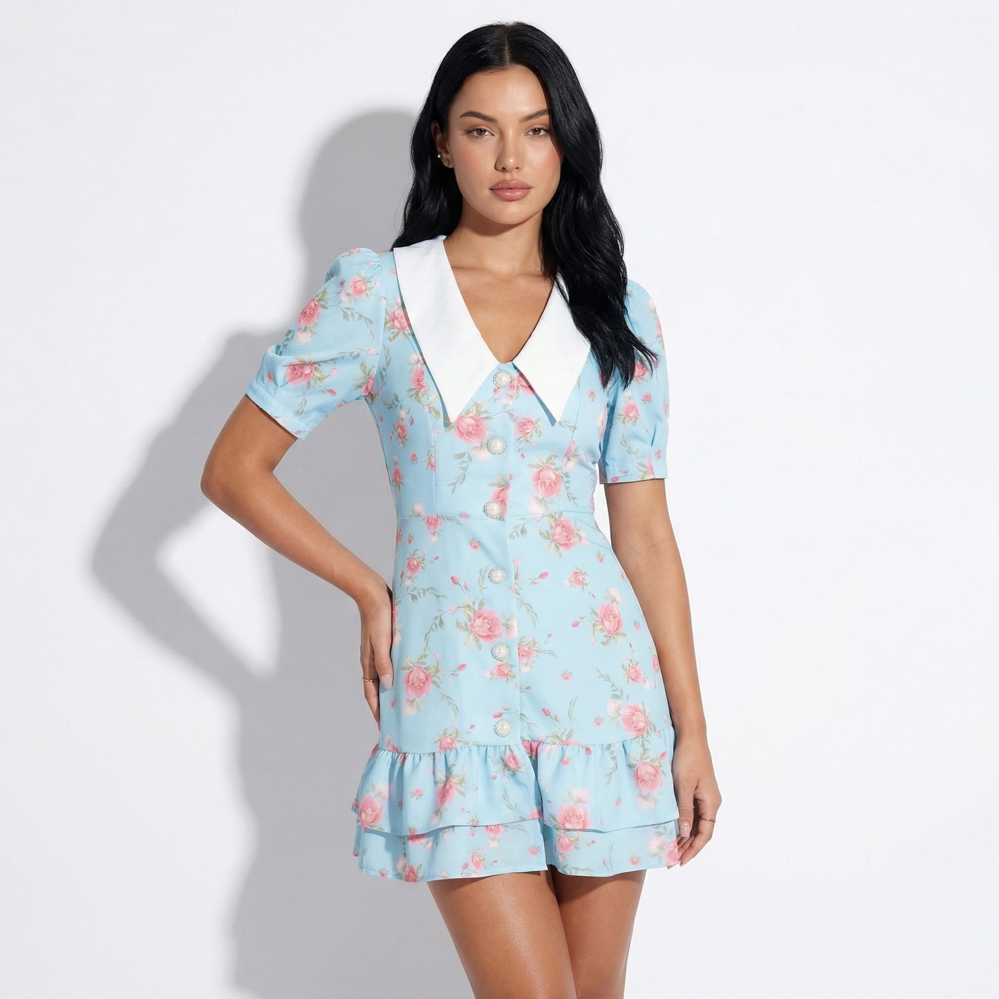 Fleur Women's Floral Puff Sleeve Mini Dress, Sailor Collar High Waist