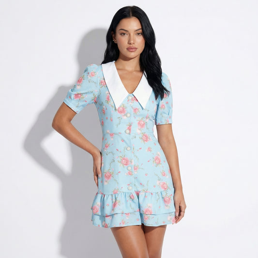 Fleur Women's Floral Puff Sleeve Mini Dress, Sailor Collar High Waist