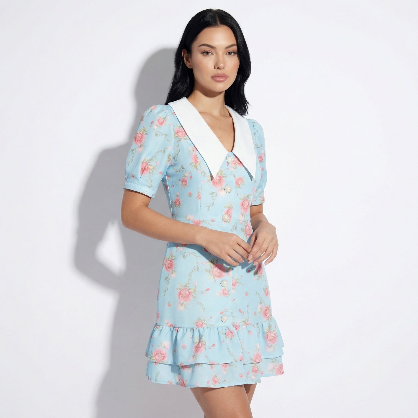 Fleur Women's Floral Puff Sleeve Mini Dress, Sailor Collar High Waist