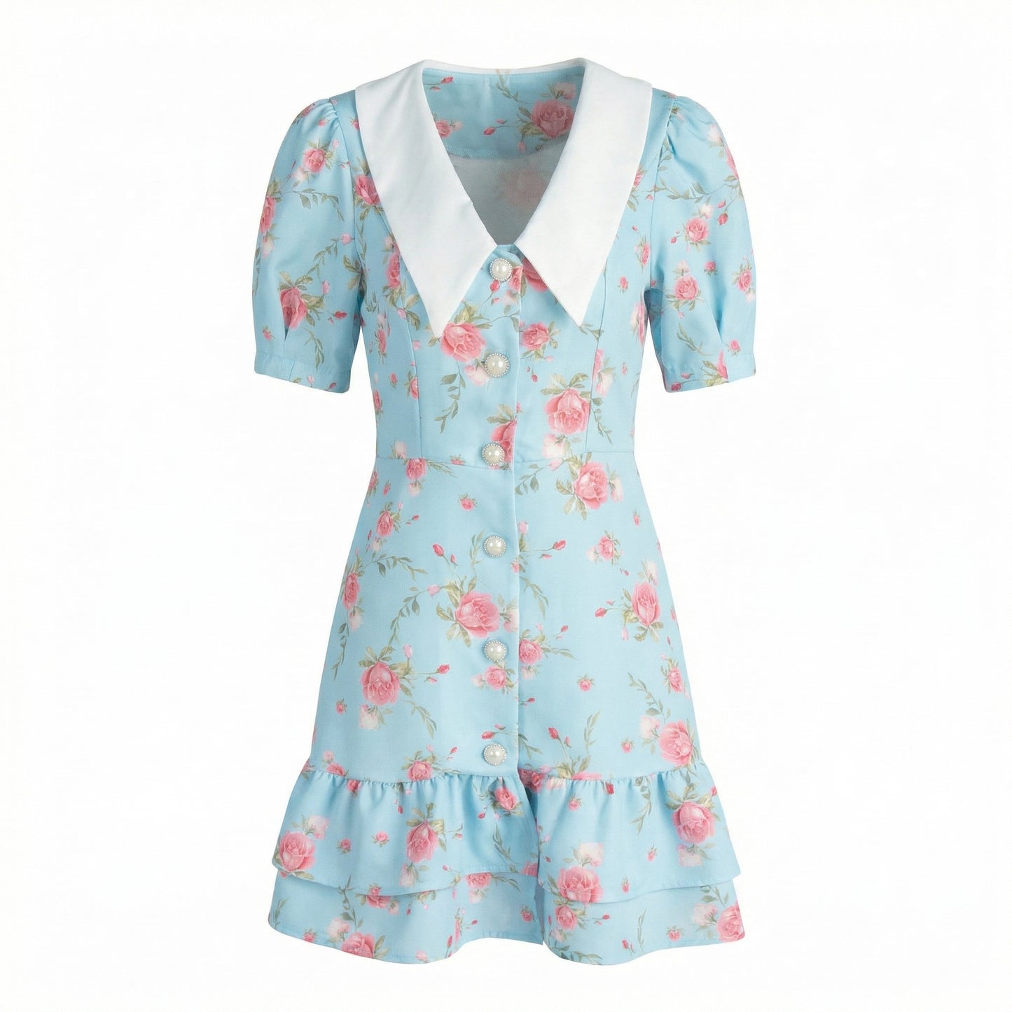 Fleur Women's Floral Puff Sleeve Mini Dress, Sailor Collar High Waist