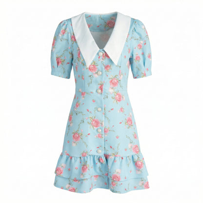 Fleur Women's Floral Puff Sleeve Mini Dress, Sailor Collar High Waist